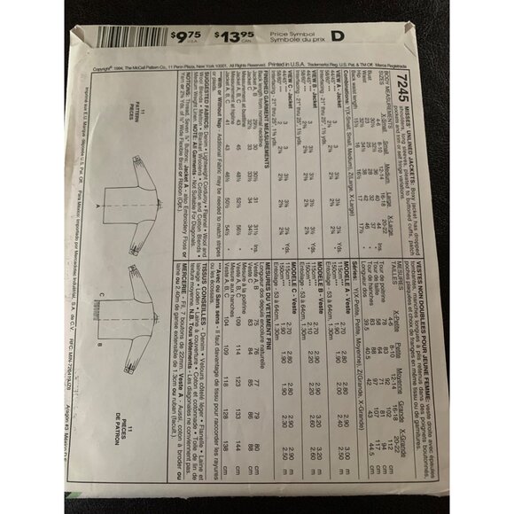 McCall's Misses Jacket Sewing Pattern Sz XSM - Med 7245 - Uncut - Picture 5 of 9